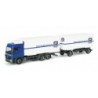 Model redukcyjny Mercedes-Benz Actros L "Pracht Logistik", skala 1:87, Herpa. Biały kontener, niebieska kabina, logo firmy logis