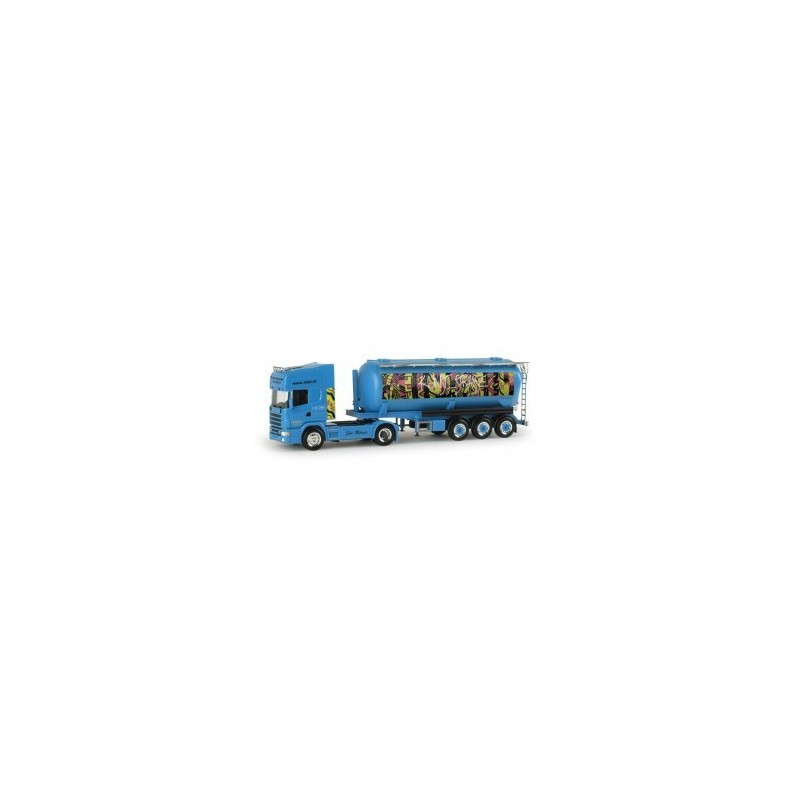 Model Scania 4er TL "Melmer Kunststraße" (A), skala 1:87, Herpa. Błękitna cysterna z kolorowym malowaniem.