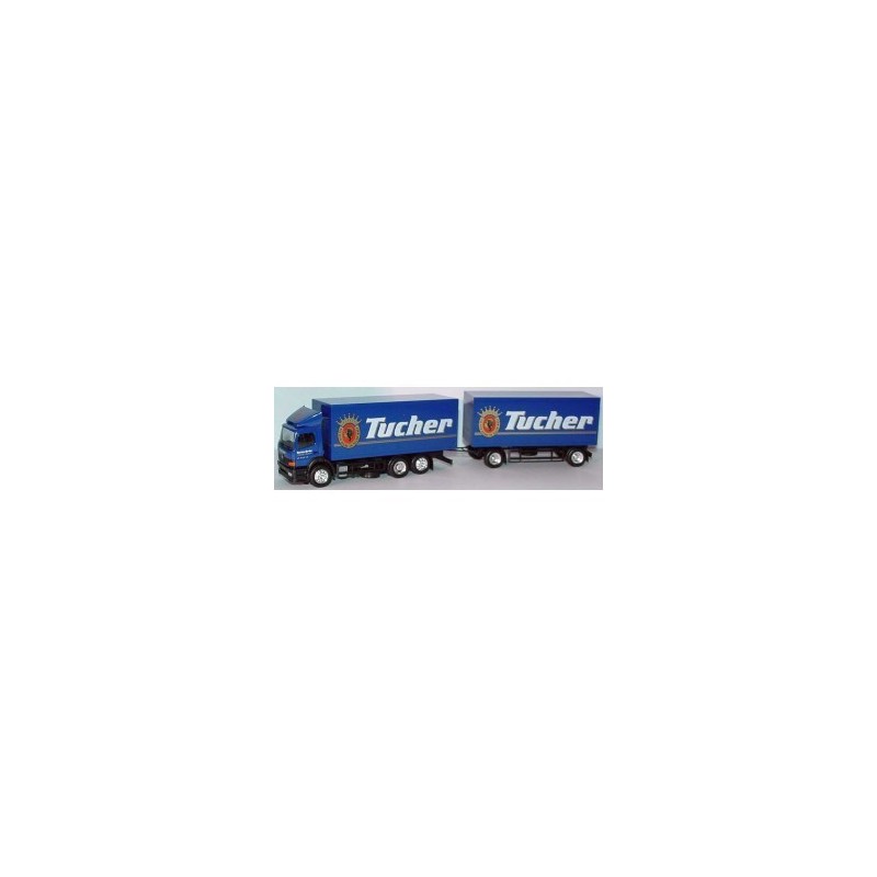 Model redukcyjny Mercedes-Benz Atego, skala 1:87, Herpa, z naczepą Tucher.