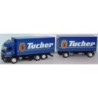 Model redukcyjny Mercedes-Benz Atego, skala 1:87, Herpa, z naczepą Tucher.