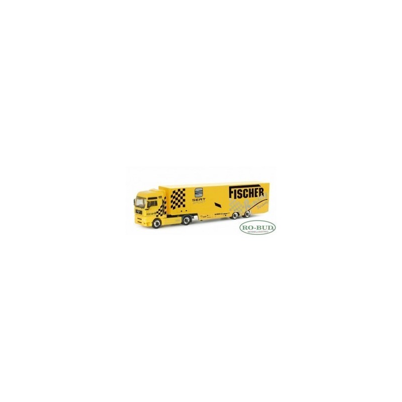 Model redukcyjny MAN TGA XXL "Fischer Racing", skala 1:87, Herpa. Żółty samochód ciężarowy z czarnymi detalami.
