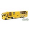 Model redukcyjny MAN TGA XXL "Fischer Racing", skala 1:87, Herpa. Żółty samochód ciężarowy z czarnymi detalami.