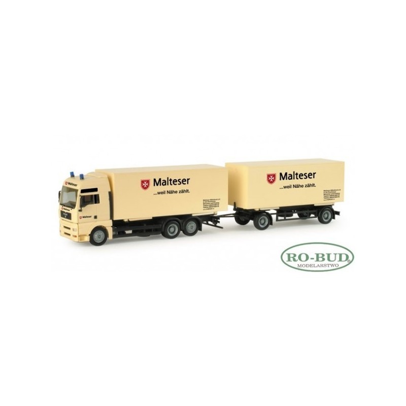 Model redukcyjny MAN TGA XXL Malteser, skala 1:87, Herpa. Jasnożółty ciągnik siodłowy z naczepą, logo Malteser.