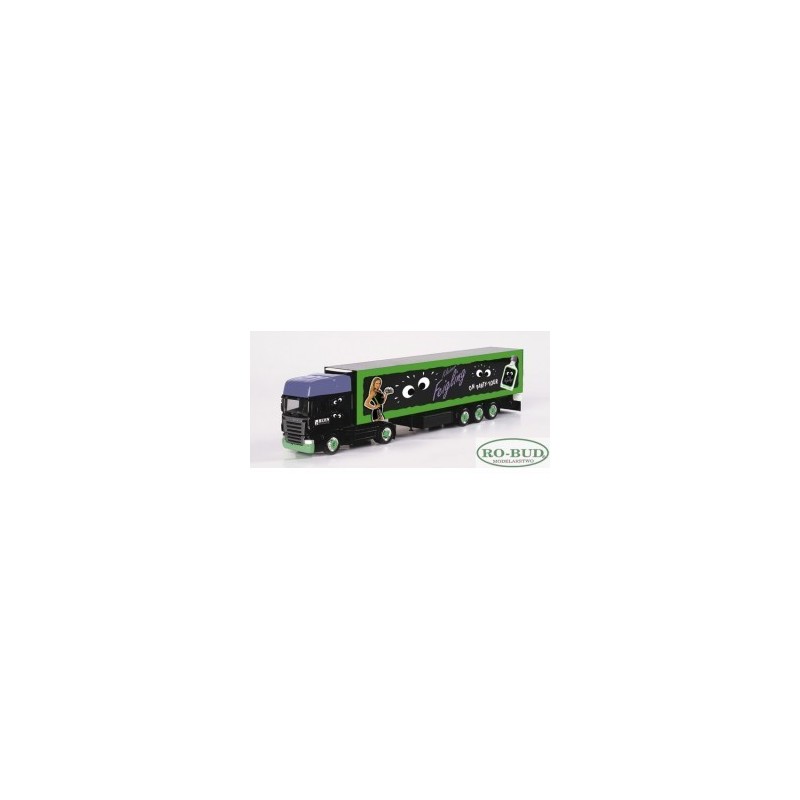 Model Scania R TL "Kleiner Feigling" Herpa, skala 1:87, zielono-czarny z kreskówkową dziewczyną.