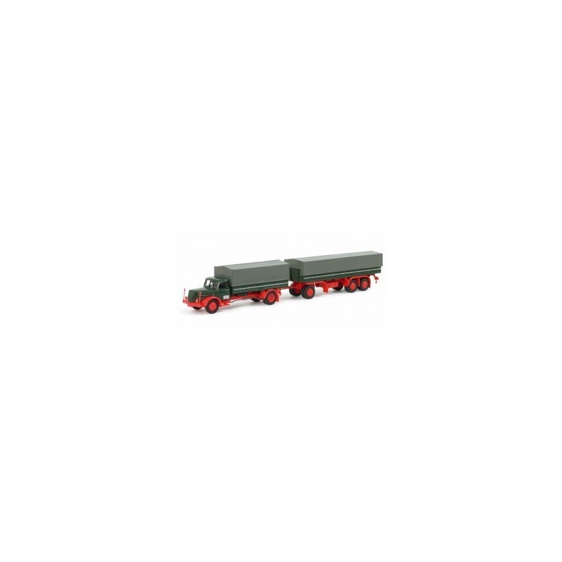 Model redukcyjny Henschel HS 140, skala 1:87, HERPA. Zielony kabina, czerwone podwozie, szare naczepy.