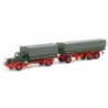 Model redukcyjny Henschel HS 140, skala 1:87, HERPA. Zielony kabina, czerwone podwozie, szare naczepy.