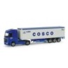 Model redukcyjny Mercedes-Benz Actros, skala nieokreślona, Herpa. Błękitna kabina, biała naczepa z napisem "COSCO".