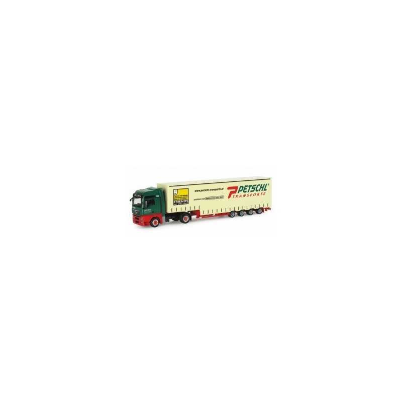 Model redukcyjny MAN TGX, skala 1:87, Herpa. Zielony kabiną, czerwone błotniki, naczepa Petschl Transporte.