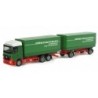 Mercedes-Benz Actros LH "Ottensmann" w skali 1:87, HERPA, zielone naczepy, czerwone podwozie.