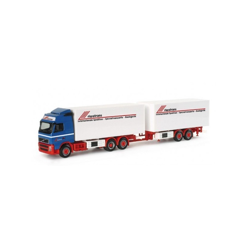 Model redukcyjny Volvo FH GL "Riwatrans", skala 1:87, Herpa. Niebieska kabina, czerwone podwozie, biała naczepa z logo Riwatrans