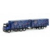 Model redukcyjny Mercedes-Benz Actros M "Hauff Braeu", skala 1:87, HERPA. Ciężarówka z naczepą w kolorach niebieskim i czerwonym