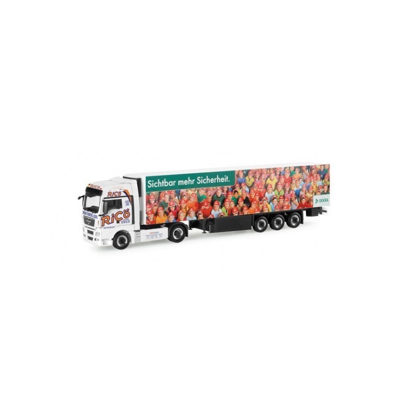 Model redukcyjny MAN TGX XXL "Rico/Dekra", skala 1:87, Herpa. Biała ciężarówka z naczepą, zielony napis "Sichtbar mehr Sicherhei