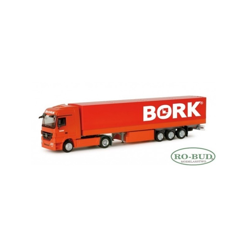 Mercedes Benz Actros LH 08, skala nieznana, Herpa. Czerwona ciężarówka z naczepą, logo Bork.