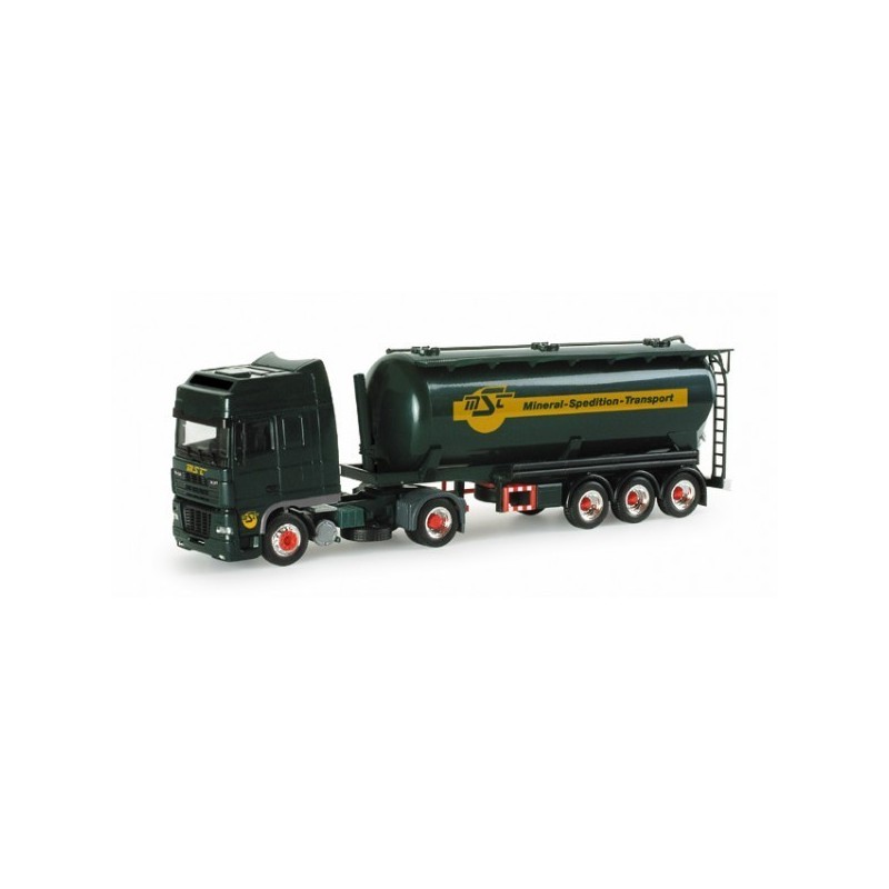 Model DAF 95 XF SSC "MST" 1:87, Herpa. Ciemnozielony cysterna, logo "Mineral-Spedition-Transport".