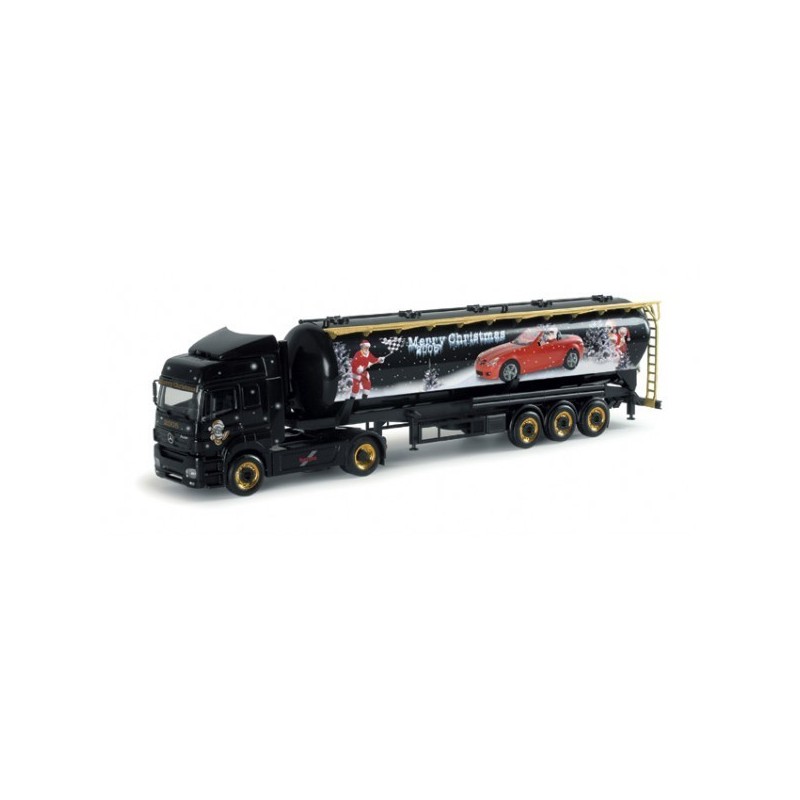 Mercedes-Benz Axor silo semitrailer "Christmas 2005", skala 1:87, Herpa. Czarny, z grafiką świąteczną.