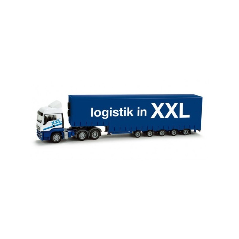 Model MAN TGS LX z naczepą XXL Logistik, skala 1:87, Herpa. Niebieska ciężarówka logistyczna.