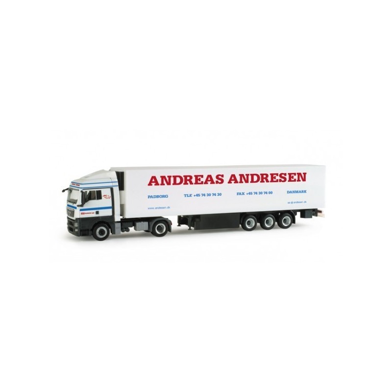 Model redukcyjny MAN XLX "A. Andresen", skala 1:87, Herpa. Biała chłodnia z czerwonym napisem.