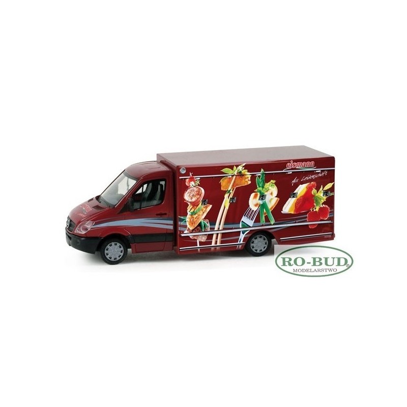 Model redukcyjny Mercedes-Benz Sprinter chłodnia "Eismann", skala 1:87, HERPA. Czerwony samochód z grafiką lodów i owoców.