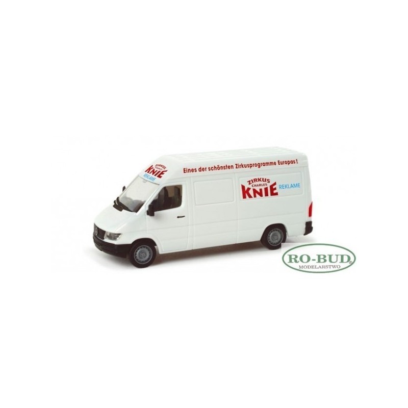 Mercedes-Benz Sprinter box-type "Zirkus Charles Knie", skala 1:87, HERPA. Biały van z czerwonym logo cyrku Knie.