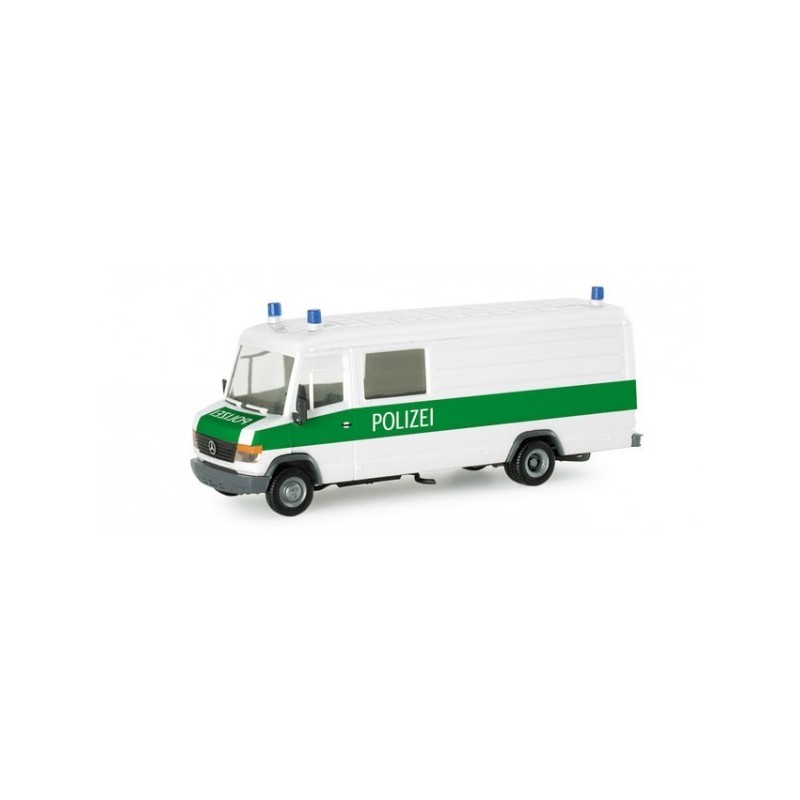 Model redukcyjny Mercedes-Benz Vario, skala 1:87, Herpa. Zielono-biały samochód policyjny z napisem "POLIZEI".