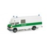 Model redukcyjny Mercedes-Benz Vario, skala 1:87, Herpa. Zielono-biały samochód policyjny z napisem "POLIZEI".