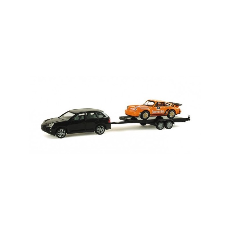 Model redukcyjny Porsche Cayenne z lawetą i Porsche 911 Turbo "Jaegermeister", skala 1:87, Herpa. Czarny Cayenne z pomarańczowym
