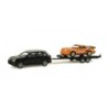 Model redukcyjny Porsche Cayenne z lawetą i Porsche 911 Turbo "Jaegermeister", skala 1:87, Herpa. Czarny Cayenne z pomarańczowym