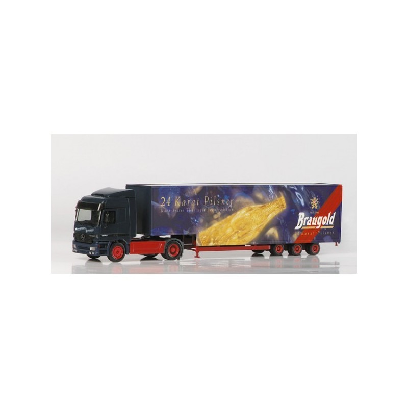 Model redukcyjny Mercedes-Benz Actros L jumbo box semitrailer "Braugold", skala 1:87, Herpa. Czarny ciągnik, naczepa z reklamą p