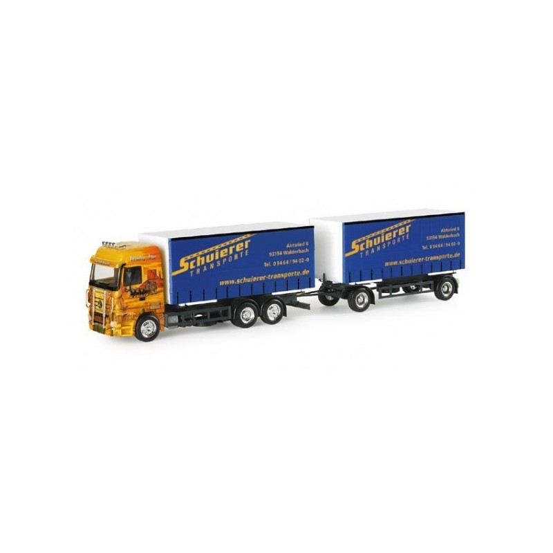 Mercedes-Benz Actros, skala 1:87, Herpa. Żółto-niebieski, Schuierer Transporte.