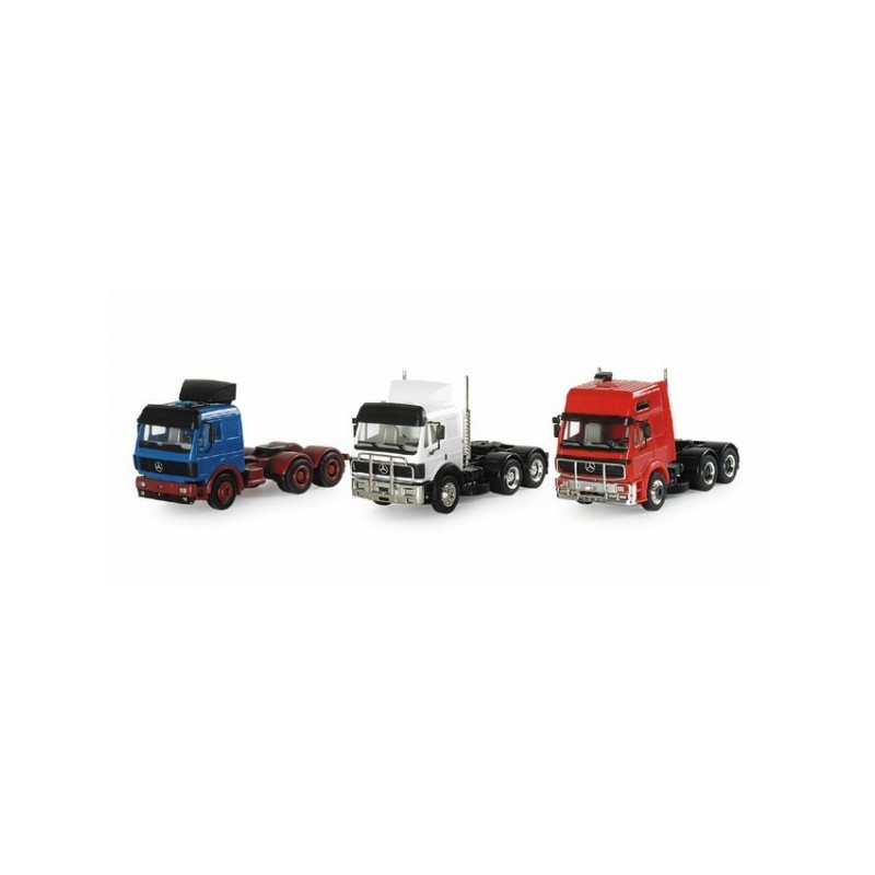 Zestaw ciągników siodłowych Mercedes-Benz NG, skala 1:87, Herpa. Trzy różne kolory.