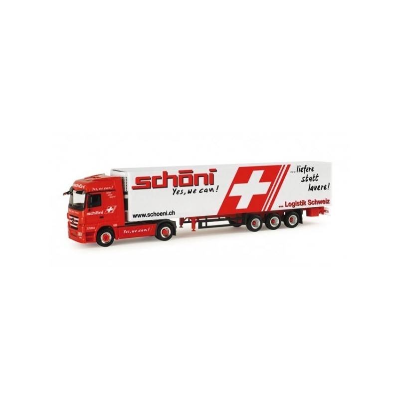 Model redukcyjny Mercedes Benz Actros, skala 1:87, HERPA. Czerwony ciągnik siodłowy z białą naczepą, logo Schoeni, krzyż.