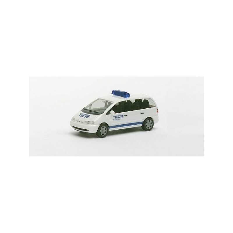 Model redukcyjny Ford Galaxy "THW", skala 1:87, HERPA. Biały z niebieskimi akcentami, napis THW.