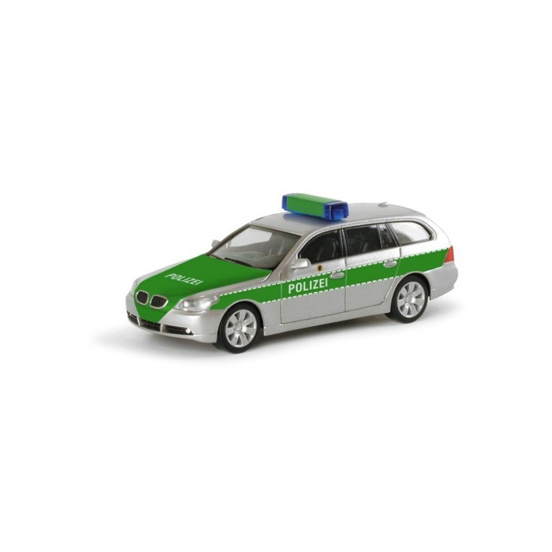 Model redukcyjny BMW 5 Touring policji Berlina, skala 1:87, Herpa, srebrno-zielony z napisem POLIZEI.
