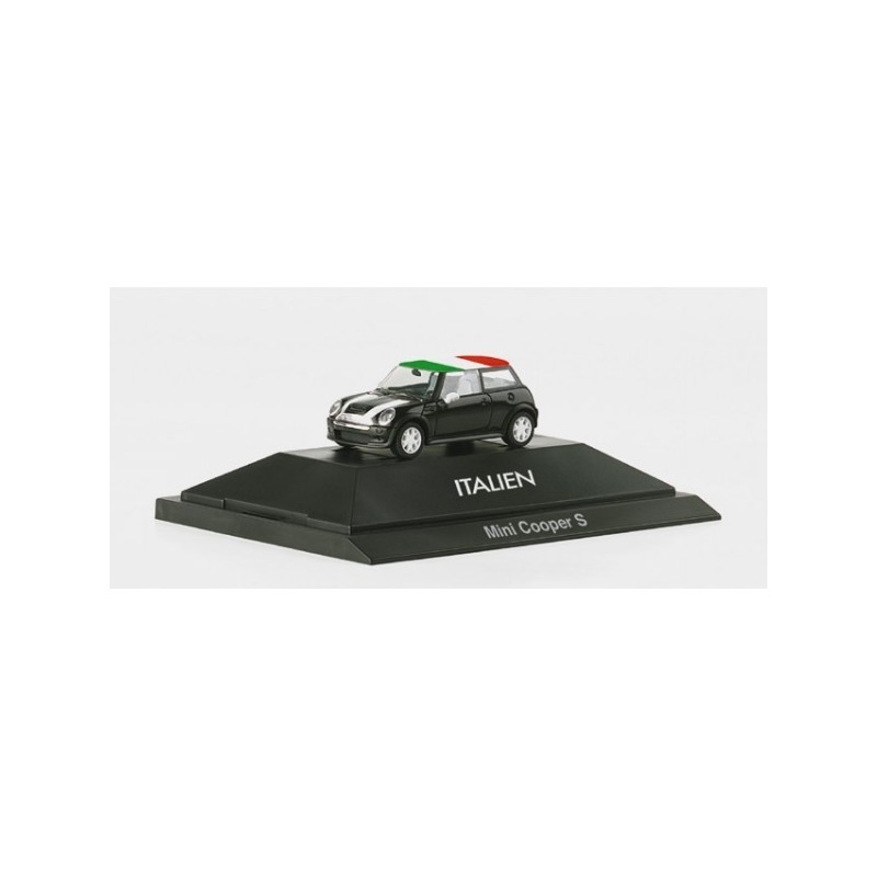 Model redukcyjny Mini Cooper S "Italy", skala 1:87, Herpa. Czarny samochód z dachem w kolorach włoskiej flagi.