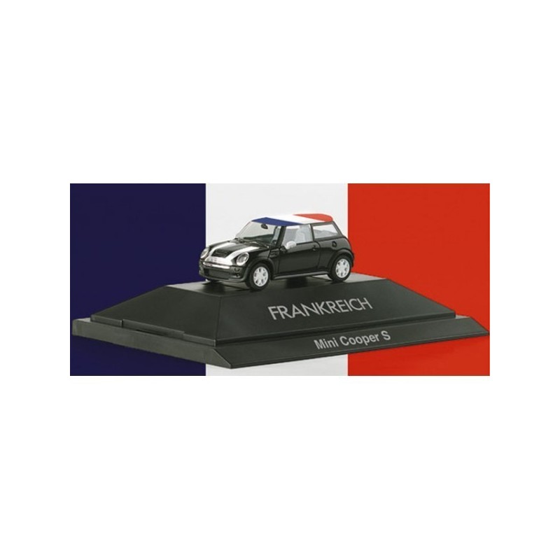 Mini Cooper S "France", skala 1:87, Herpa. Czarny samochód z dachem w kolorach Francji.