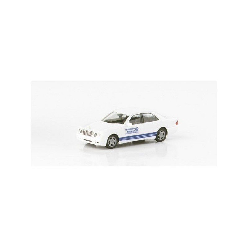Mercedes-Benz E Class "THW NRW", skala 1:87, HERPA. Biały samochód z niebieskimi pasami.