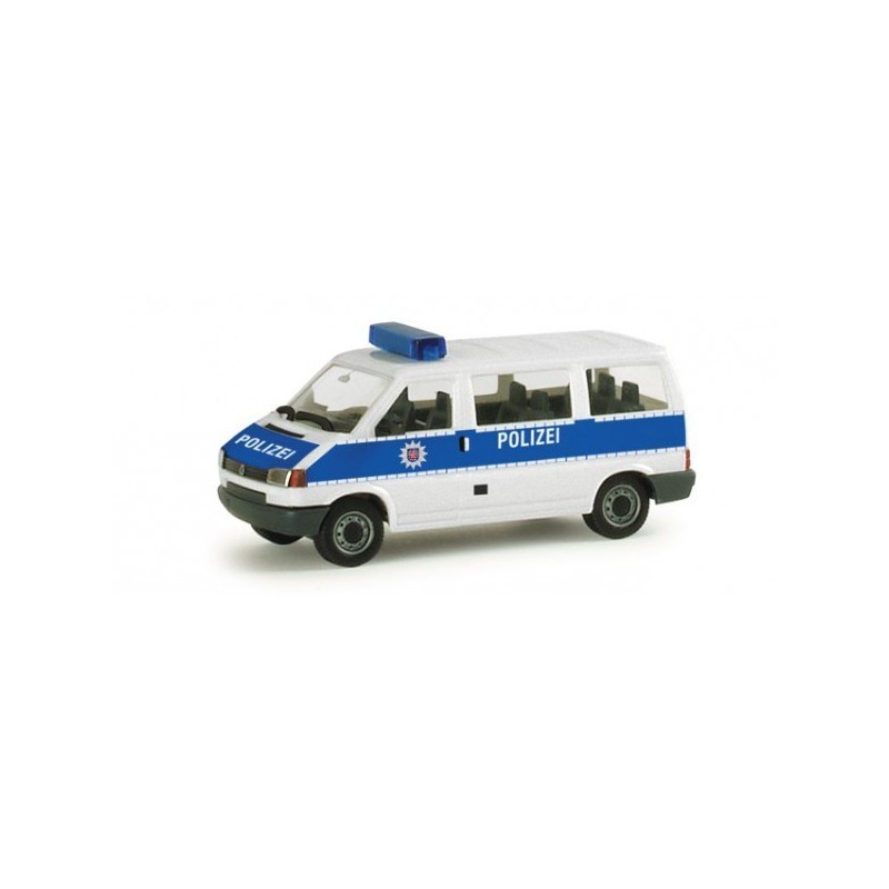 Model redukcyjny VW T4 van policji Erfurt, skala 1:87, HERPA. Biała i niebieska karoseria.