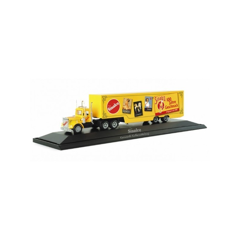 Model redukcyjny Kenworth "100 Jahre Sinalco", skala 1:87, Herpa. Żółty ciągnik siodłowy z naczepą, logo Sinalco.