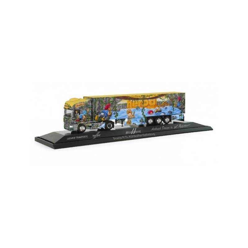 Model redukcyjny Scania R TL "Herpa Monument II", skala 1:87, Herpa. Żółto-szary, z ilustracjami.