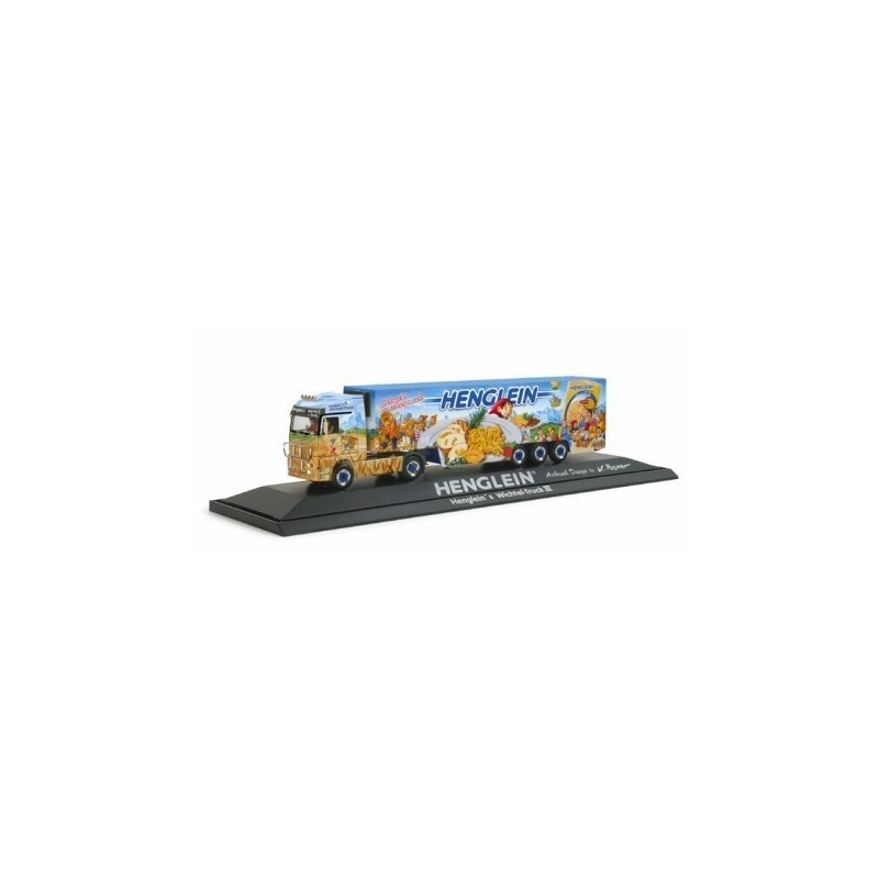 Mercedes-Benz Actros LH "Henglein - Wichtel III", skala 1:87, HERPA. Czarny ciągnik, naczepa z ilustracjami.