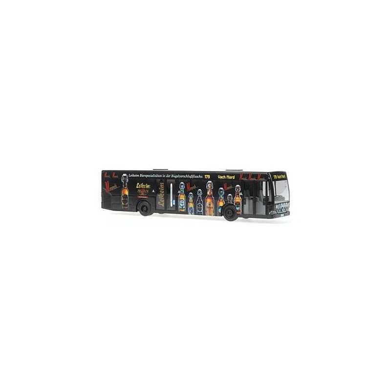 Model redukcyjny Mercedes-Benz Citaro, skala 1:87. Czarny autobus z reklamą piwa, detale.