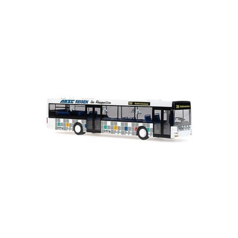 Model autobusu MAN NL infra Fürth Verkehr, skala 1:87. biały, czarne okna, logo "ARZT REISEN".