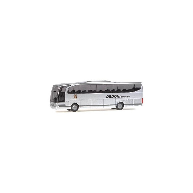 Model redukcyjny MERCEDES TRAVEGO Dedoni Turismo, skala 1:87. Srebrny autobus turystyczny.