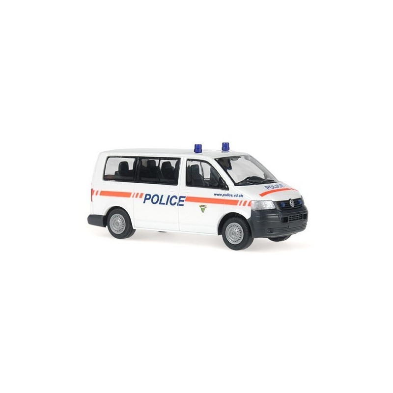 Model redukcyjny Volkswagen T5 Transporter Bus "Police Vaud", skala 1:87, biały z pomarańczowymi pasami i napisem "POLICE".