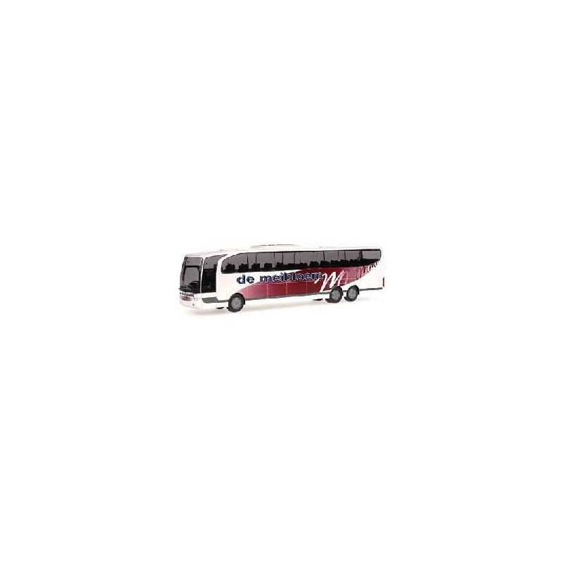 Model redukcyjny autobusu MERCEDES-BENZ Travego De Meibloem, Tiel, skala 1:87. Czerwono-biały, z logo de meibloem.