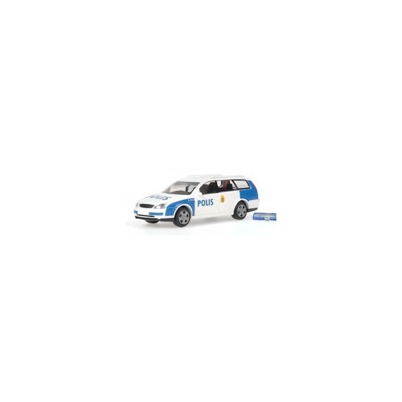 Model redukcyjny FORD Mondeo Turnier Polis, skala 1:87. Biały i niebieski samochód policyjny.