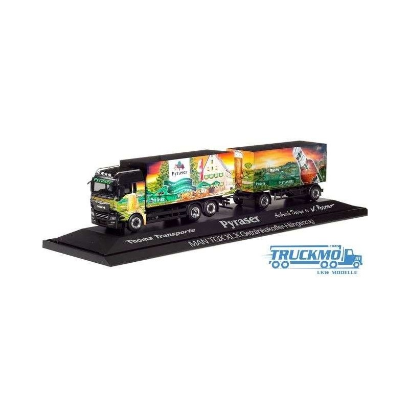 Model redukcyjny MAN TGX XLX, skala 1:87, Herpa. Ciężarówka Pyraser Brauerei / Thoma Transporte.