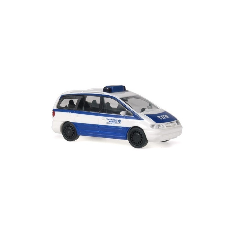 Model redukcyjny Ford Galaxy, skala 1:87, THW Wiesbaden. Biało-niebieski, sygnały.