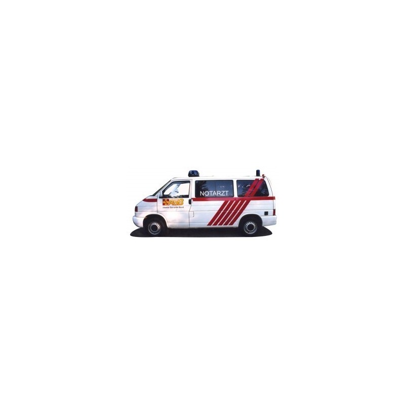 Model redukcyjny VW T4 KR ASB, skala 1:87, Herpa. Malowanie Notarzt Hannover, czerwone paski.