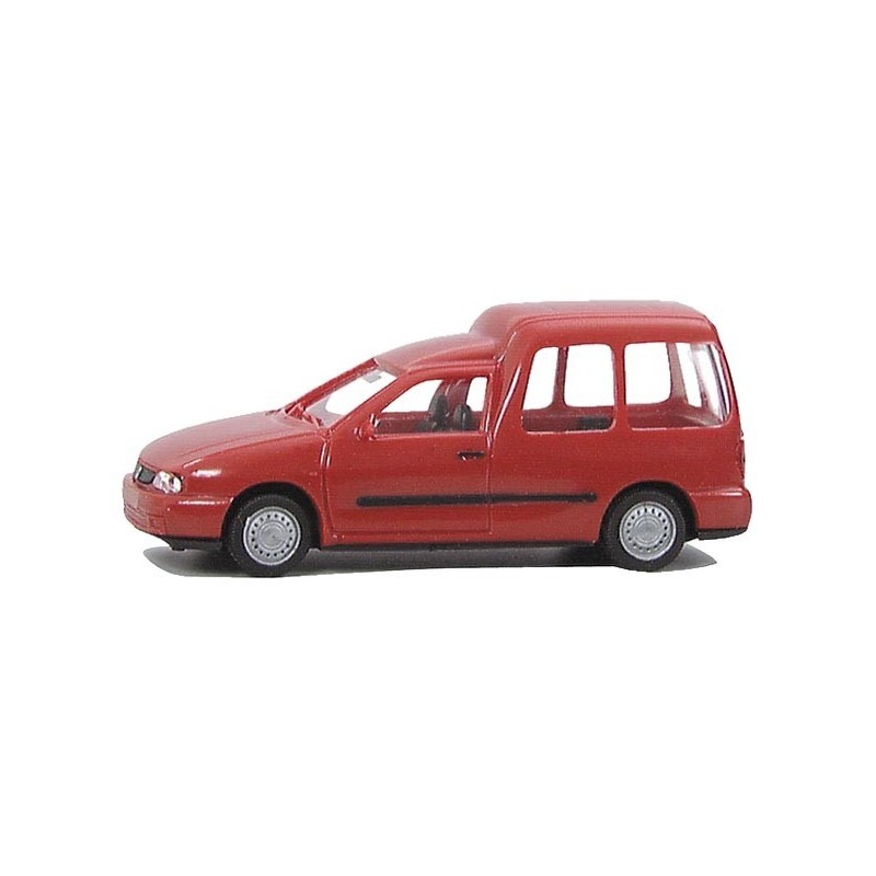 Model redukcyjny SEAT Inca, skala 1:87, czerwony van z dużymi oknami.